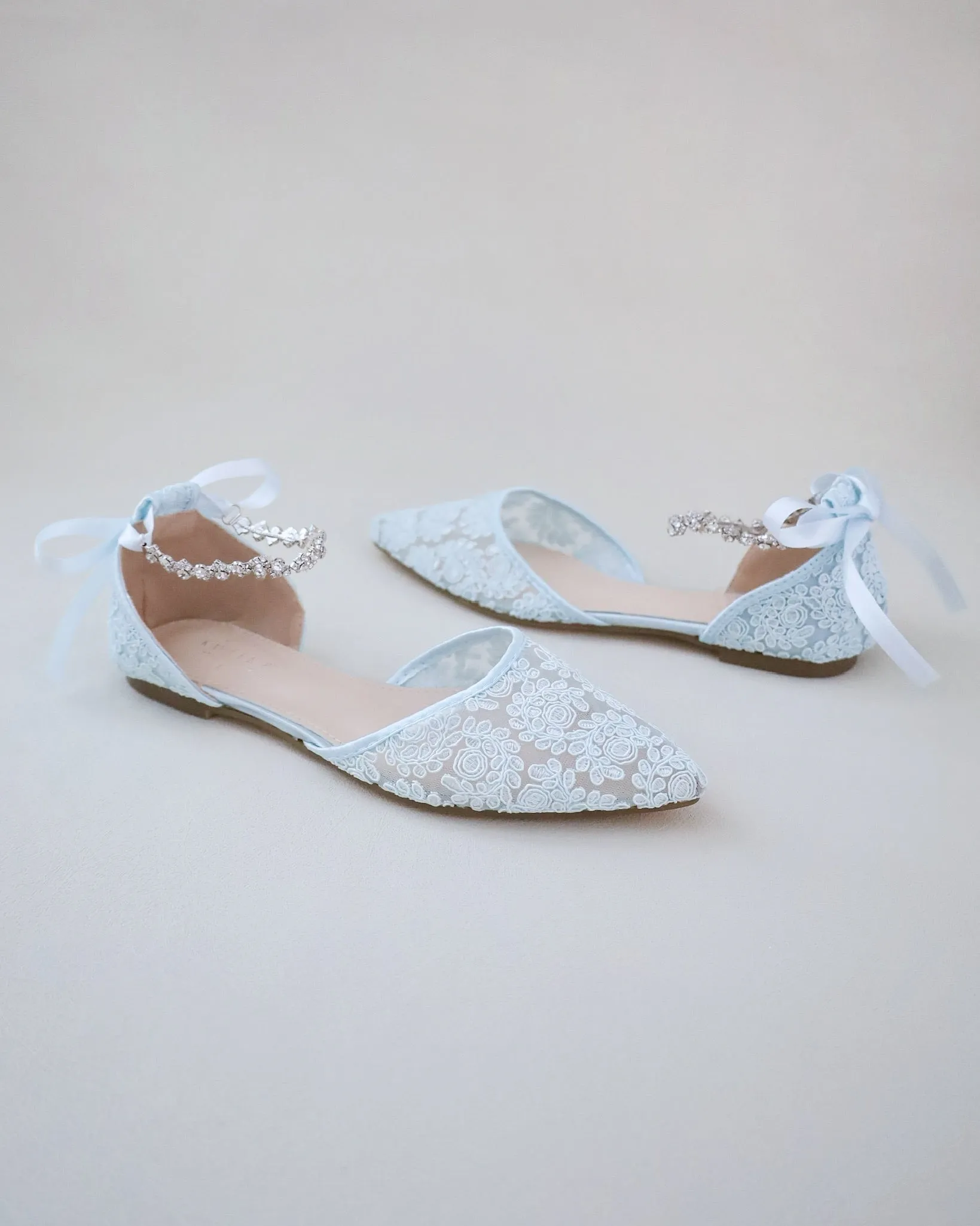 Wedding Crochet Lace Pointy Toe Flats with Amaryllis Crystal Strap