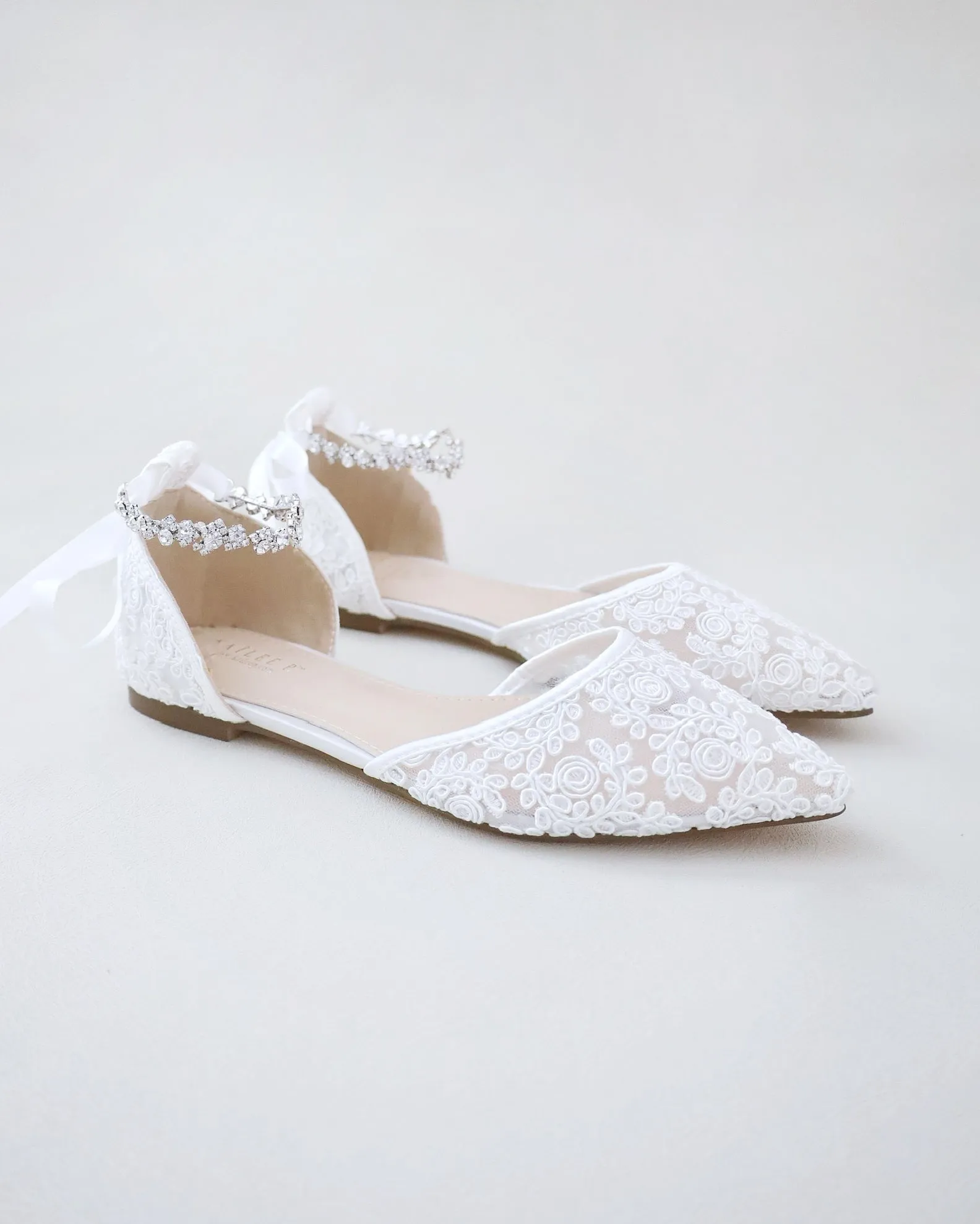 Wedding Crochet Lace Pointy Toe Flats with Amaryllis Crystal Strap